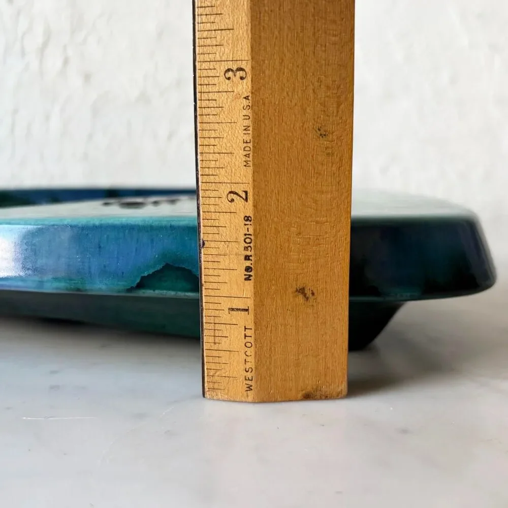 Vintage 1964 Handmade Pottery Ashtray MARLENE Blue Green Drip Glaze Signed